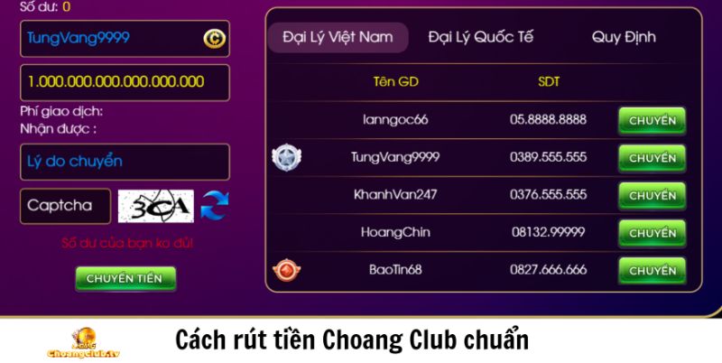 Cách rút tiền Choang Club chuẩn